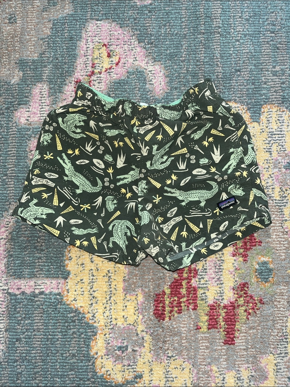 Patagonia Dark Green Swim Shorts with Mint and Yellow Print 12-18 m